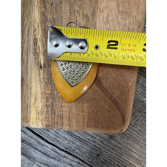 Vintage Bakelite Marbled Yellow Triangular Earrings Vogue Statement Repurposed - Picture 8 of 10